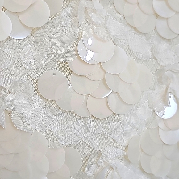 Nwt Fanco Off Shoulder Creme Lace Mesh Sequin Short Sleeve Square Neck  Dress - Picture 15 of 17